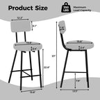 Juego de 2 Taburetes de Bar Tapizados Modernos, Sillas de Bar de Altura de Mostrador con Asiento Redondo, Respaldo Alto, Cómodo Reposapiés