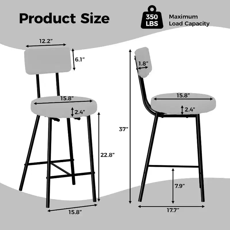 Juego de 2 Taburetes de Bar Tapizados Modernos, Sillas de Bar de Altura de Mostrador con Asiento Redondo, Respaldo Alto, Cómodo Reposapiés