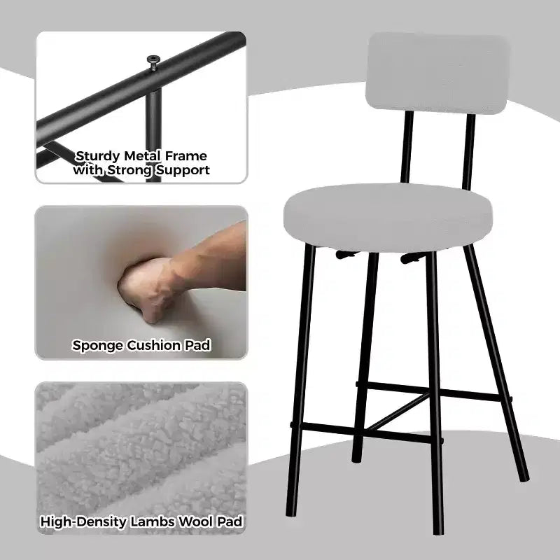Juego de 2 Taburetes de Bar Tapizados Modernos, Sillas de Bar de Altura de Mostrador con Asiento Redondo, Respaldo Alto, Cómodo Reposapiés