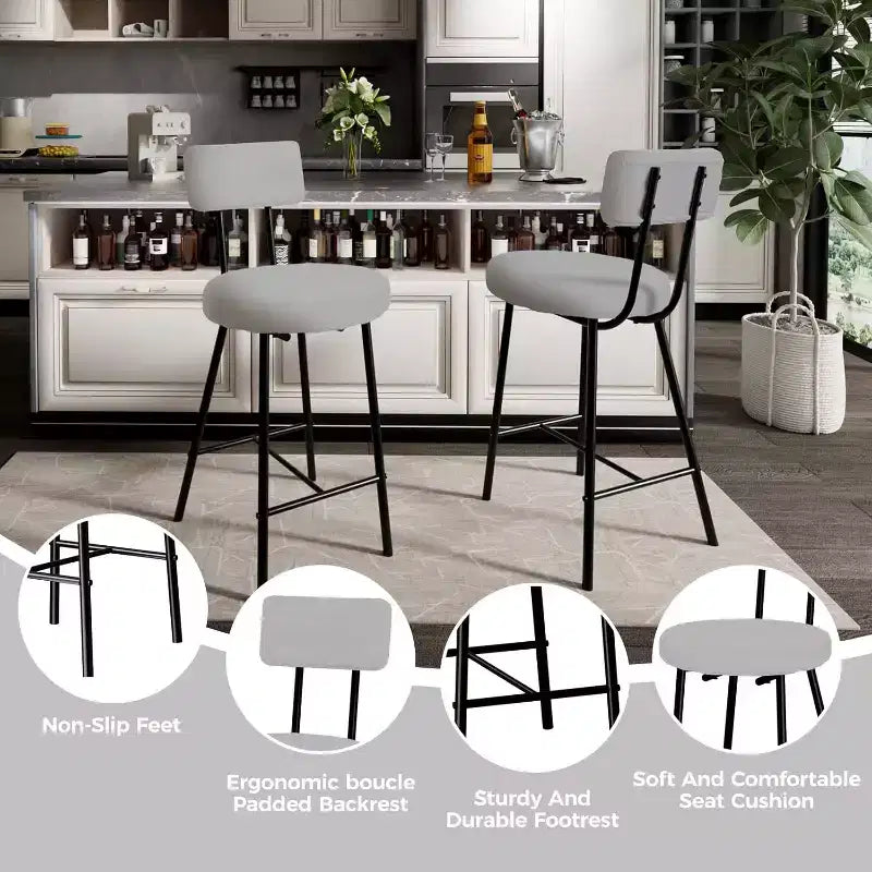 Juego de 2 Taburetes de Bar Tapizados Modernos, Sillas de Bar de Altura de Mostrador con Asiento Redondo, Respaldo Alto, Cómodo Reposapiés