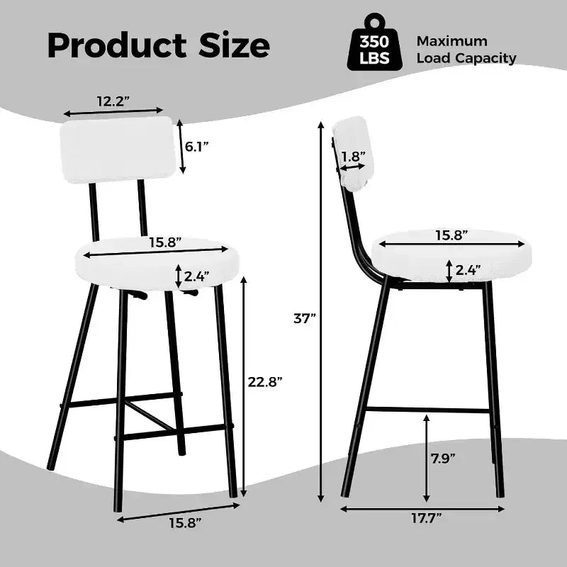 Juego de 2 Taburetes de Bar Tapizados Modernos, Sillas de Bar de Altura de Mostrador con Asiento Redondo, Respaldo Alto, Cómodo Reposapiés