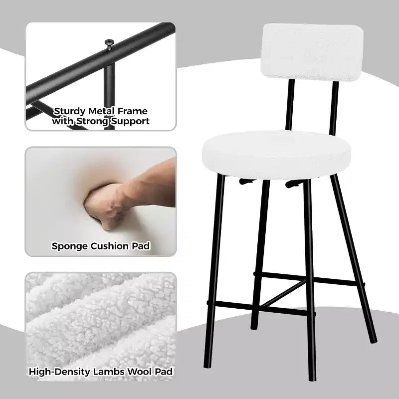 Juego de 2 Taburetes de Bar Tapizados Modernos, Sillas de Bar de Altura de Mostrador con Asiento Redondo, Respaldo Alto, Cómodo Reposapiés