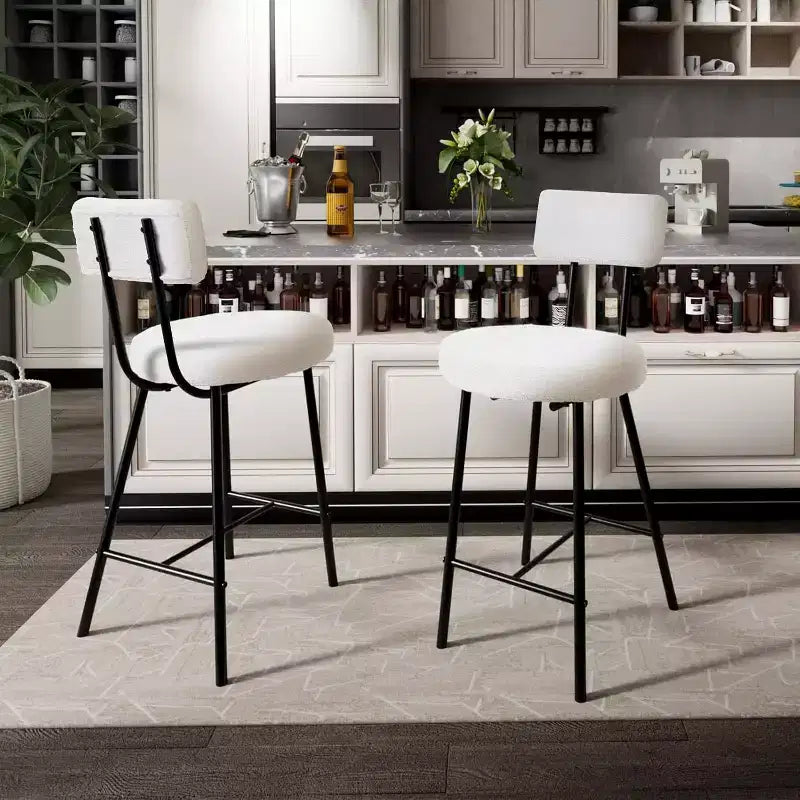 Juego de 2 Taburetes de Bar Tapizados Modernos, Sillas de Bar de Altura de Mostrador con Asiento Redondo, Respaldo Alto, Cómodo Reposapiés
