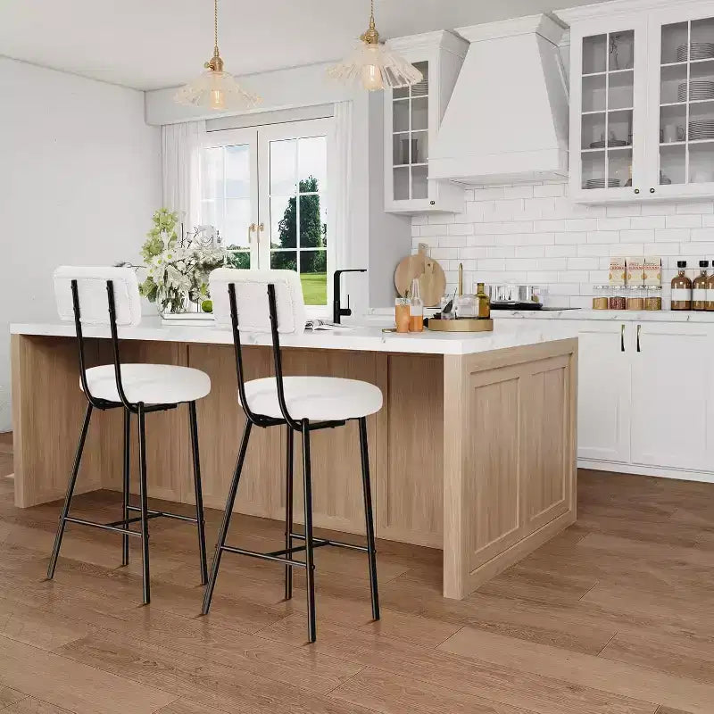 Modern Upholstered Bar Stools Set of 2, Counter Height Bar Chairs with Round Seat, High Back, Comfortable Footrest