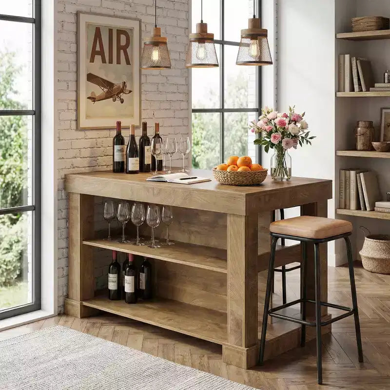 MAYEERTY 55 Home Bar Table with 3-Tier Storage Shelves, Light Brown MDF Indoor Pub Table, 350 lbs Capacity Waterproof Scratch-Resistant Bar Unit
