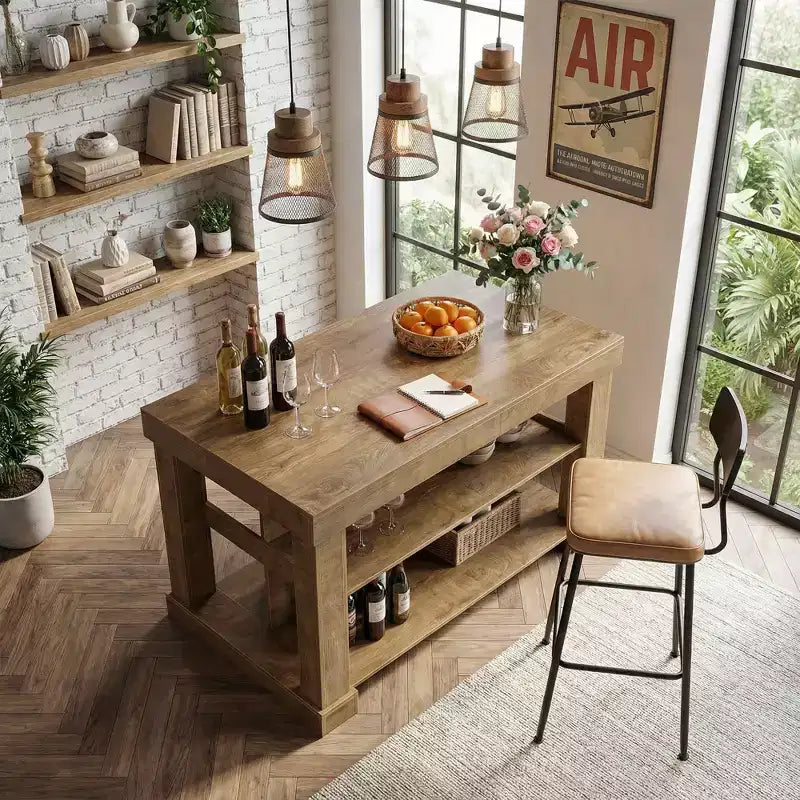 Mesa de bar de 55" con estantes de almacenamiento de 3 niveles, mesa de pub interior de MDF marrón claro, capacidad de 350 libras, unidad de bar impermeable resistente a los arañazos