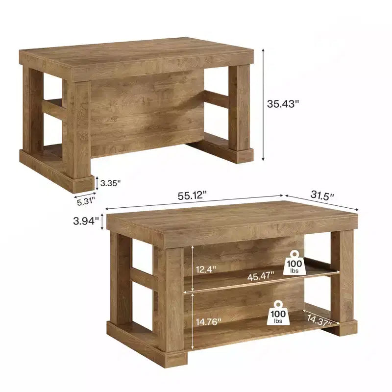 Mesa de bar de 55" con estantes de almacenamiento de 3 niveles, mesa de pub interior de MDF marrón claro, capacidad de 350 libras, unidad de bar impermeable resistente a los arañazos