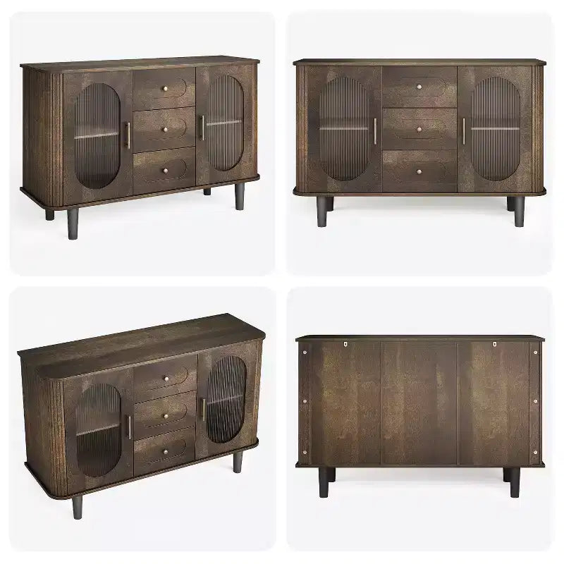 Aparador buffet de 47" con puertas de cristal estriado y 3 cajones, aparador de mediados de siglo con estantes ajustables para cocina, comedor