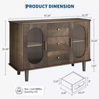 Aparador buffet de 47" con puertas de cristal estriado y 3 cajones, aparador de mediados de siglo con estantes ajustables para cocina, comedor