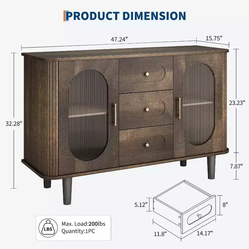 Aparador buffet de 47" con puertas de cristal estriado y 3 cajones, aparador de mediados de siglo con estantes ajustables para cocina, comedor