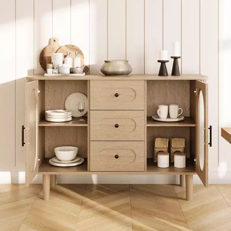 Aparador buffet de 47" con puertas de cristal estriado y 3 cajones, aparador de mediados de siglo con estantes ajustables para cocina, comedor