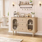 Aparador buffet de 47" con puertas de cristal estriado y 3 cajones, aparador de mediados de siglo con estantes ajustables para cocina, comedor