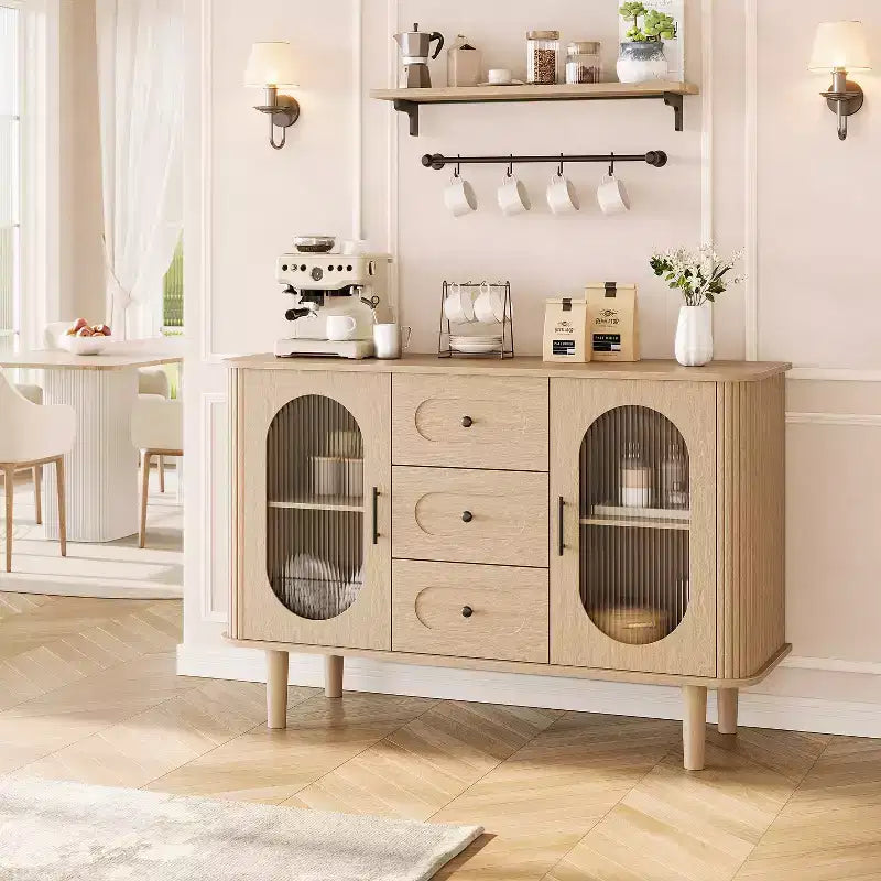Aparador buffet de 47" con puertas de cristal estriado y 3 cajones, aparador de mediados de siglo con estantes ajustables para cocina, comedor