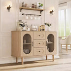 Aparador buffet de 47" con puertas de cristal estriado y 3 cajones, aparador de mediados de siglo con estantes ajustables para cocina, comedor