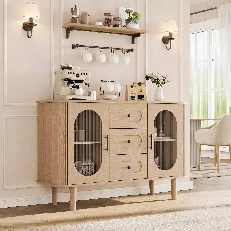 Aparador buffet de 47" con puertas de cristal estriado y 3 cajones, aparador de mediados de siglo con estantes ajustables para cocina, comedor