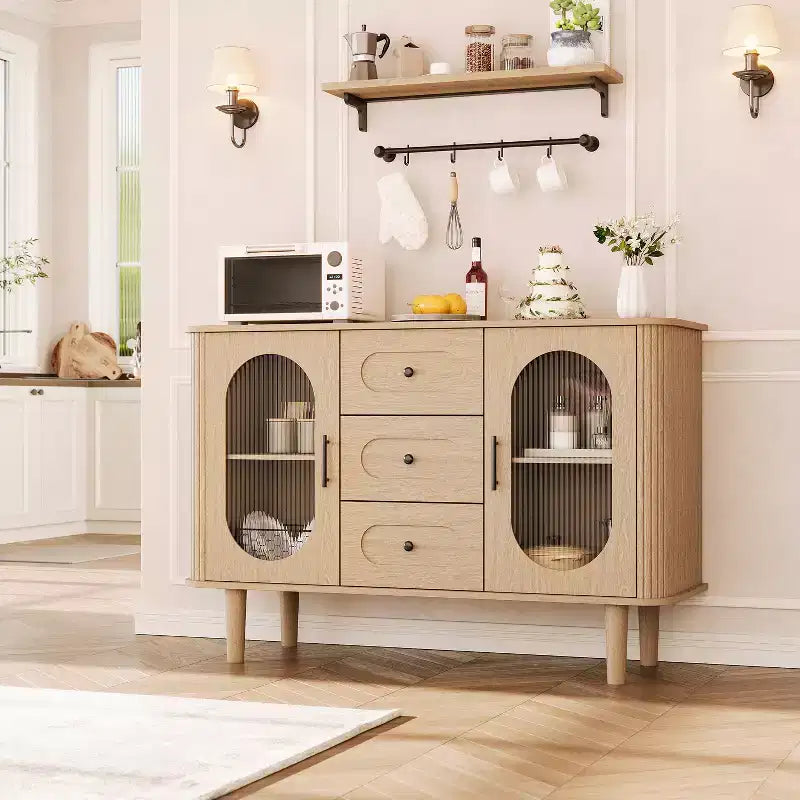 Aparador buffet de 47" con puertas de cristal estriado y 3 cajones, aparador de mediados de siglo con estantes ajustables para cocina, comedor
