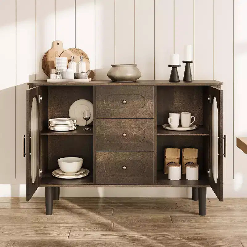 Aparador buffet de 47" con puertas de cristal estriado y 3 cajones, aparador de mediados de siglo con estantes ajustables para cocina, comedor