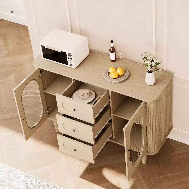 Aparador buffet de 47" con puertas de cristal estriado y 3 cajones, aparador de mediados de siglo con estantes ajustables para cocina, comedor