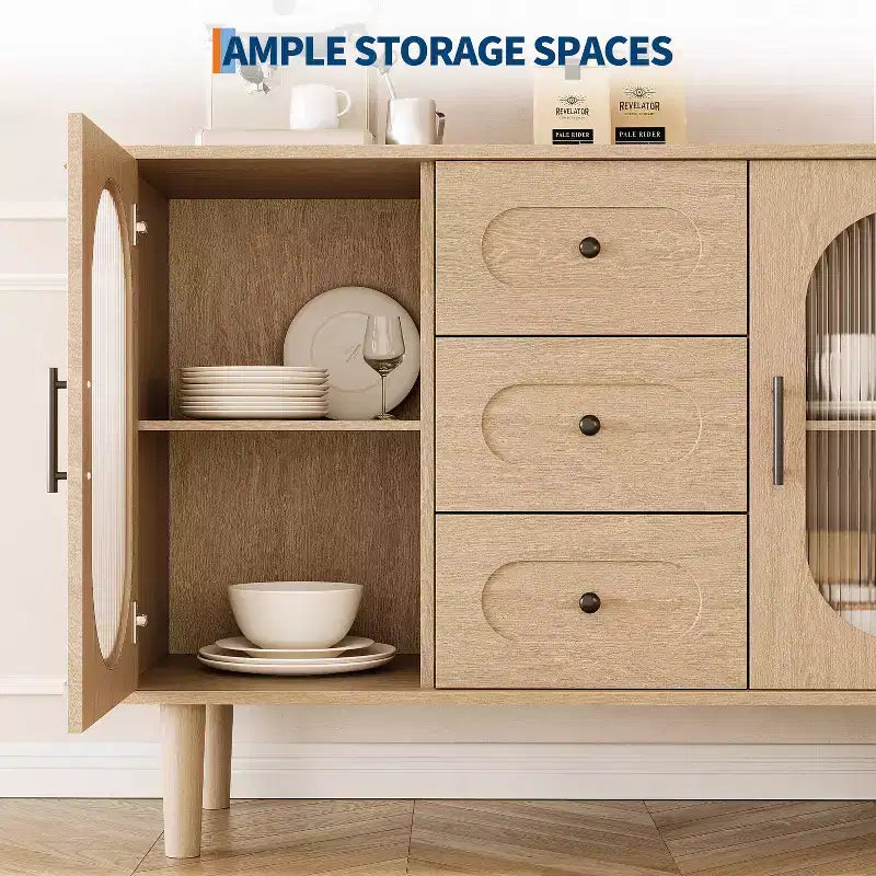 Aparador buffet de 47" con puertas de cristal estriado y 3 cajones, aparador de mediados de siglo con estantes ajustables para cocina, comedor
