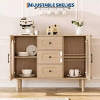 Aparador buffet de 47" con puertas de cristal estriado y 3 cajones, aparador de mediados de siglo con estantes ajustables para cocina, comedor