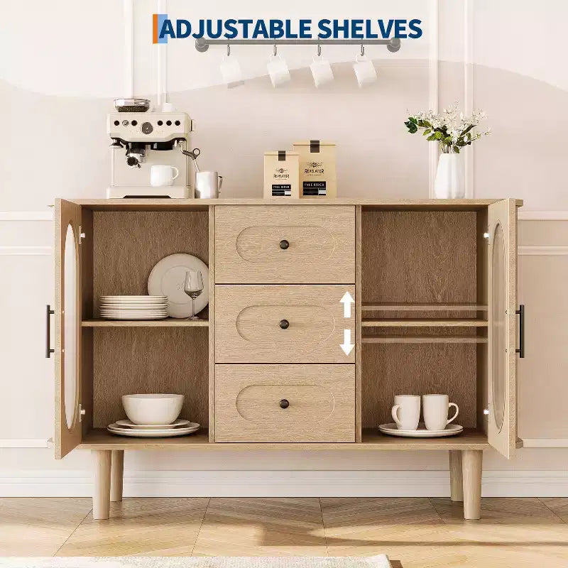 Aparador buffet de 47" con puertas de cristal estriado y 3 cajones, aparador de mediados de siglo con estantes ajustables para cocina, comedor