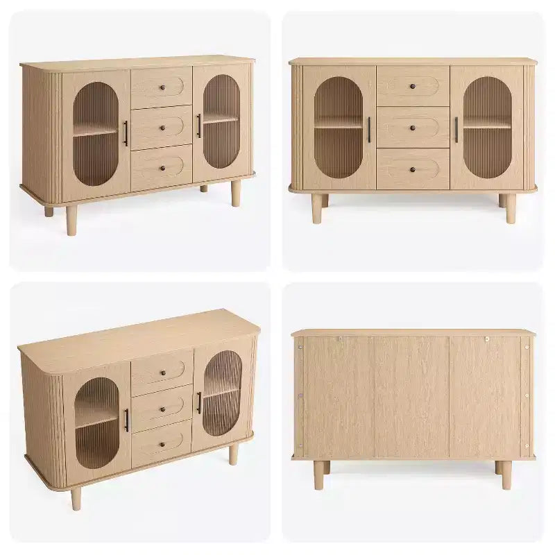 Aparador buffet de 47" con puertas de cristal estriado y 3 cajones, aparador de mediados de siglo con estantes ajustables para cocina, comedor