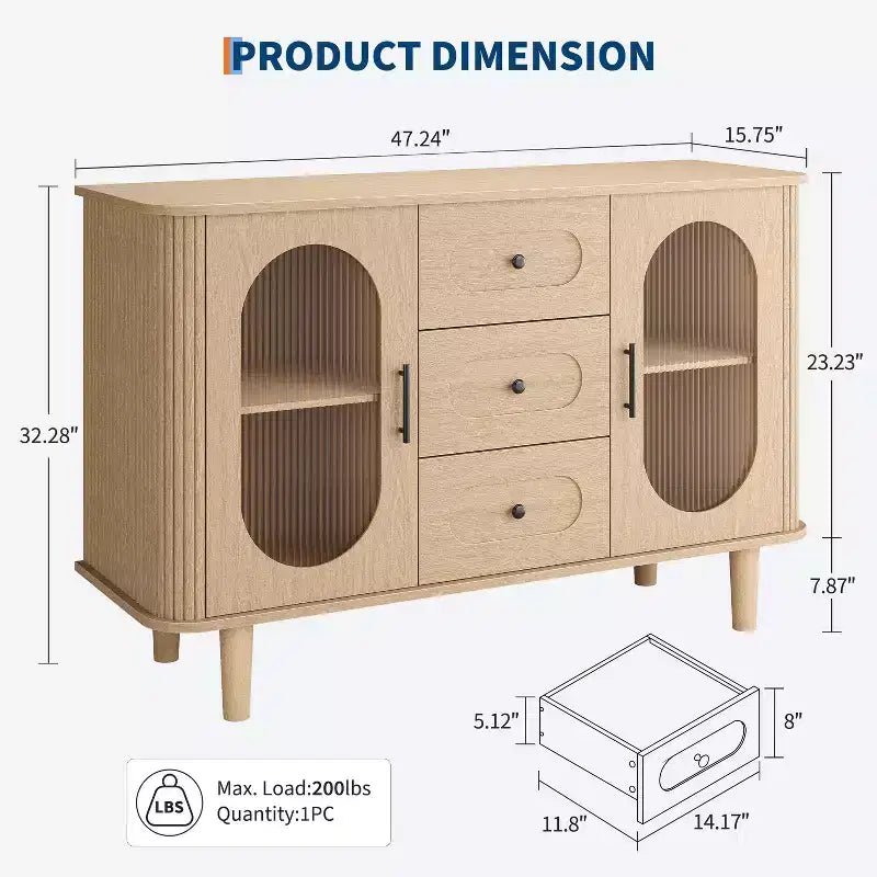 Aparador buffet de 47" con puertas de cristal estriado y 3 cajones, aparador de mediados de siglo con estantes ajustables para cocina, comedor