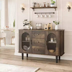 Aparador buffet de 47" con puertas de cristal estriado y 3 cajones, aparador de mediados de siglo con estantes ajustables para cocina, comedor