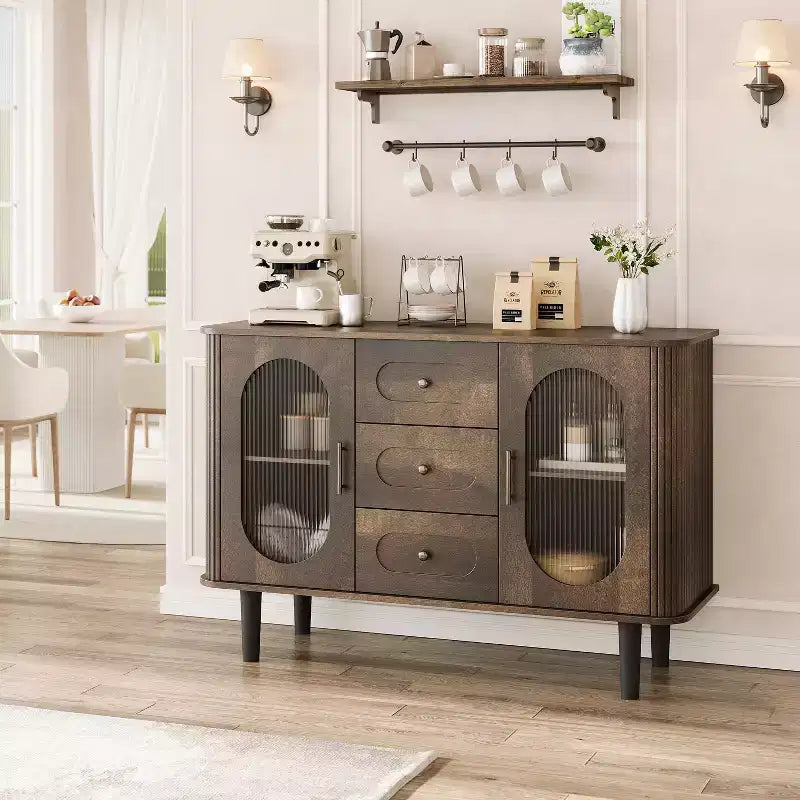 Aparador buffet de 47" con puertas de cristal estriado y 3 cajones, aparador de mediados de siglo con estantes ajustables para cocina, comedor