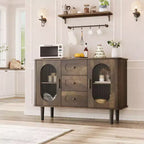 Aparador buffet de 47" con puertas de cristal estriado y 3 cajones, aparador de mediados de siglo con estantes ajustables para cocina, comedor