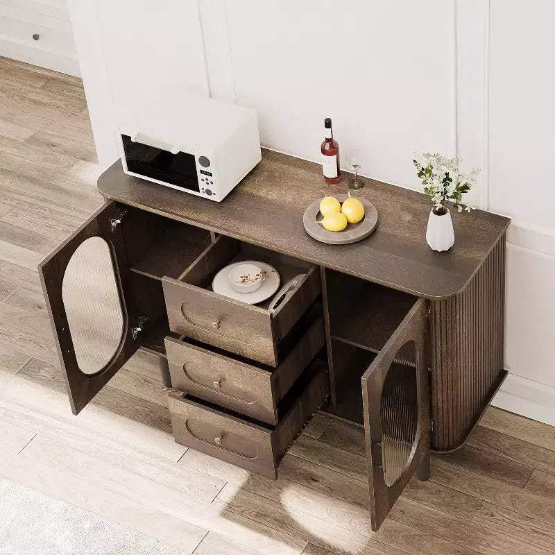 Aparador buffet de 47" con puertas de cristal estriado y 3 cajones, aparador de mediados de siglo con estantes ajustables para cocina, comedor