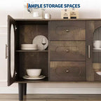 Aparador buffet de 47" con puertas de cristal estriado y 3 cajones, aparador de mediados de siglo con estantes ajustables para cocina, comedor