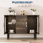 Aparador buffet de 47" con puertas de cristal estriado y 3 cajones, aparador de mediados de siglo con estantes ajustables para cocina, comedor