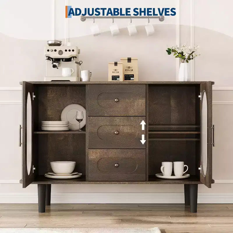 Aparador buffet de 47" con puertas de cristal estriado y 3 cajones, aparador de mediados de siglo con estantes ajustables para cocina, comedor