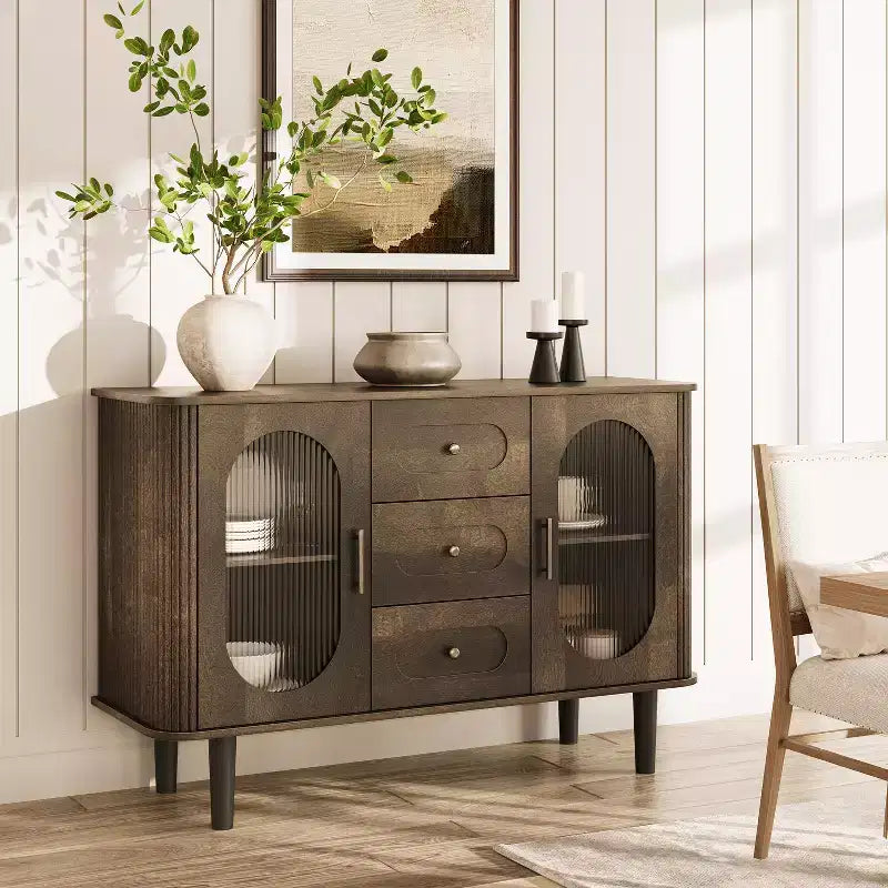 47 Sideboard Buffet Cabinet with Fluted Glass Doors & 3 Drawers, Mid-Century Credenza with Adjustable Shelves for Kitchen, Dining Room