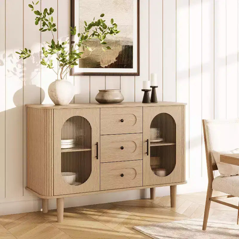 Aparador buffet de 47" con puertas de cristal estriado y 3 cajones, aparador de mediados de siglo con estantes ajustables para cocina, comedor