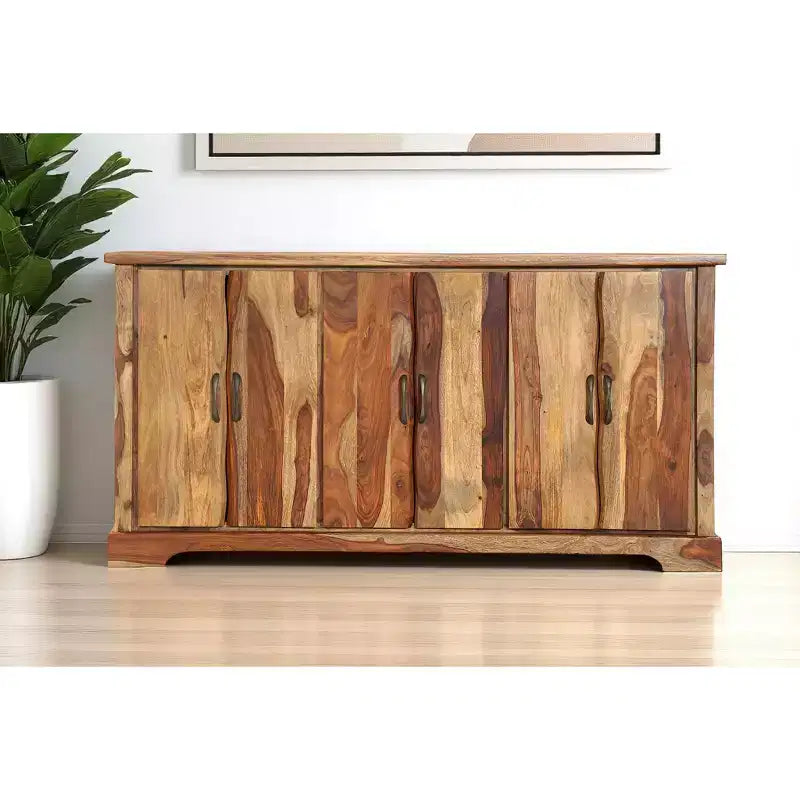 Aparador de madera maciza marrón de borde natural de 72 pulgadas con seis puertas