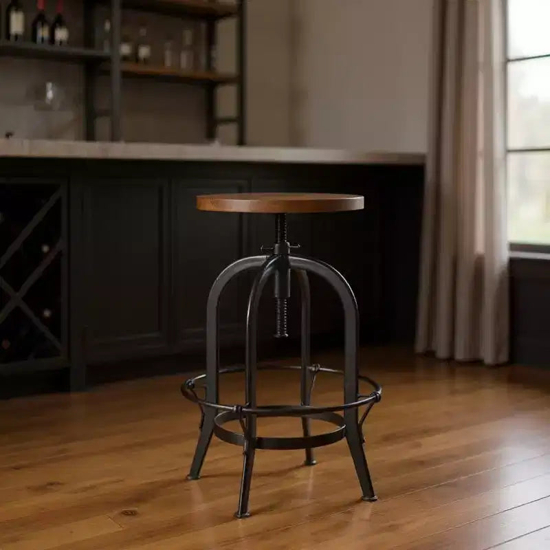 Silla de barra giratoria sin respaldo de altura regulable, de madera maciza y metal, en marrón y negro