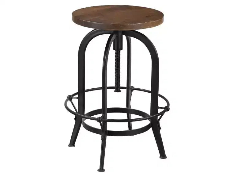 Silla de barra giratoria sin respaldo de altura regulable, de madera maciza y metal, en marrón y negro