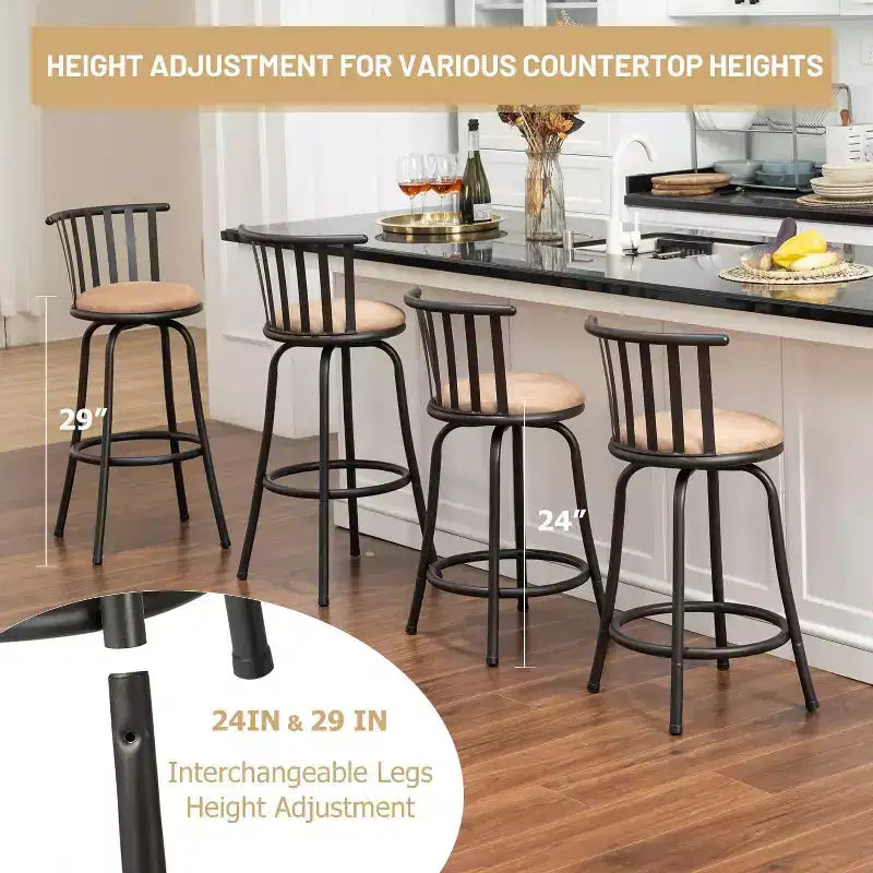 Taburetes de Bar Giratorios, Juego de 3, Altura de Mostrador Ajustable con Respaldo Bajo para Isla de Cocina y Barra, con Patas Intercambiables, 24/29 Pulgadas, Marrón
