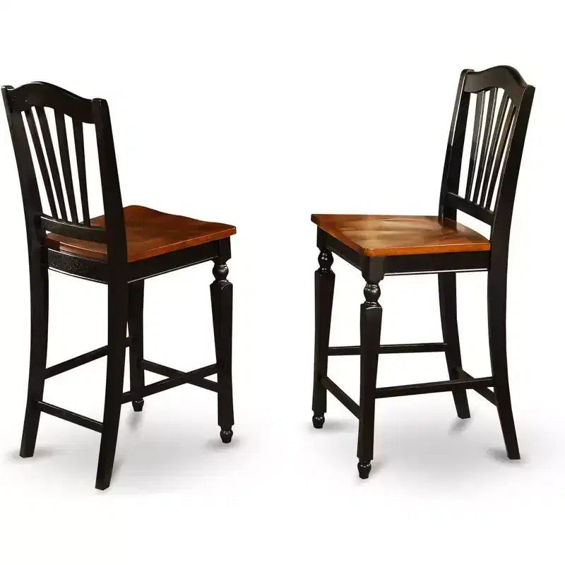 Taburete de barra de mostrador de madera de respaldo alto con acabado negro de 24 pulgadas de alto, forma rectangular y tapizado de lino