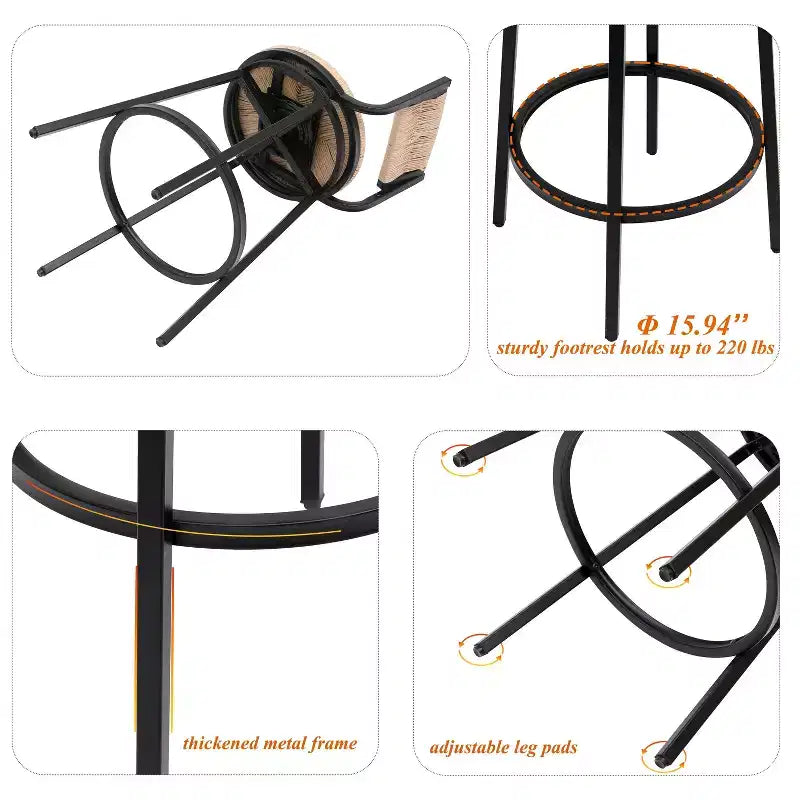 Taburetes de Bar Giratorios con Estructura Metálica, Juego de 2, Taburetes de Comedor de Cuerda de Papel Tejida a Mano, Sillas de Comedor para Cocina