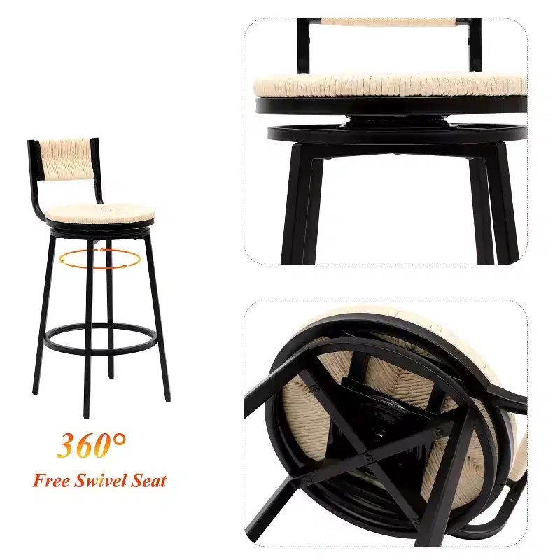 Taburetes de Bar Giratorios con Estructura Metálica, Juego de 2, Taburetes de Comedor de Cuerda de Papel Tejida a Mano, Sillas de Comedor para Cocina