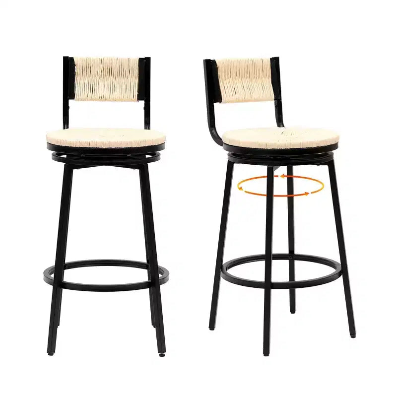 Taburetes de Bar Giratorios con Estructura Metálica, Juego de 2, Taburetes de Comedor de Cuerda de Papel Tejida a Mano, Sillas de Comedor para Cocina