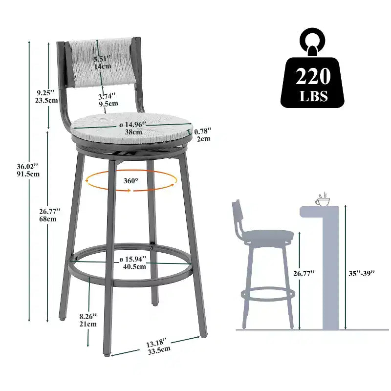 Taburetes de Bar Giratorios con Estructura Metálica, Juego de 2, Taburetes de Comedor de Cuerda de Papel Tejida a Mano, Sillas de Comedor para Cocina