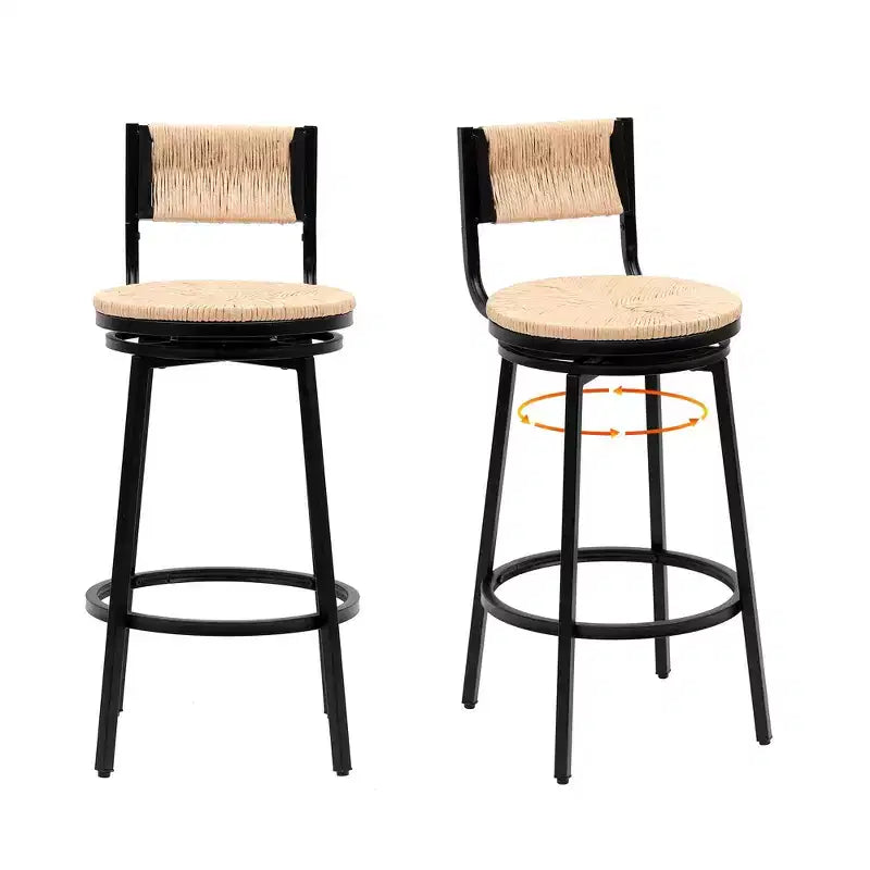 Taburetes de Bar Giratorios con Estructura Metálica, Juego de 2, Taburetes de Comedor de Cuerda de Papel Tejida a Mano, Sillas de Comedor para Cocina
