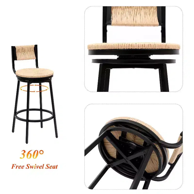 Taburetes de Bar Giratorios con Estructura Metálica, Juego de 2, Taburetes de Comedor de Cuerda de Papel Tejida a Mano, Sillas de Comedor para Cocina