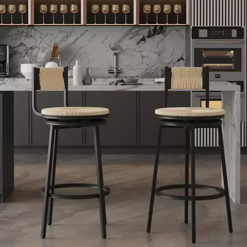 Okak Bar Stools Swivel Counter Chairs with Metal Frame Set of 2, Hand Woven Paper Rope Dining Barstools, Dining Chairs for Kitchen