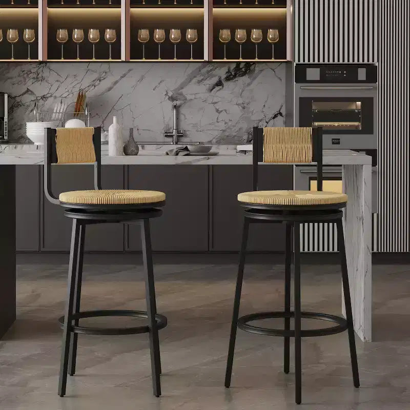 Taburetes de Bar Giratorios con Estructura Metálica, Juego de 2, Taburetes de Comedor de Cuerda de Papel Tejida a Mano, Sillas de Comedor para Cocina