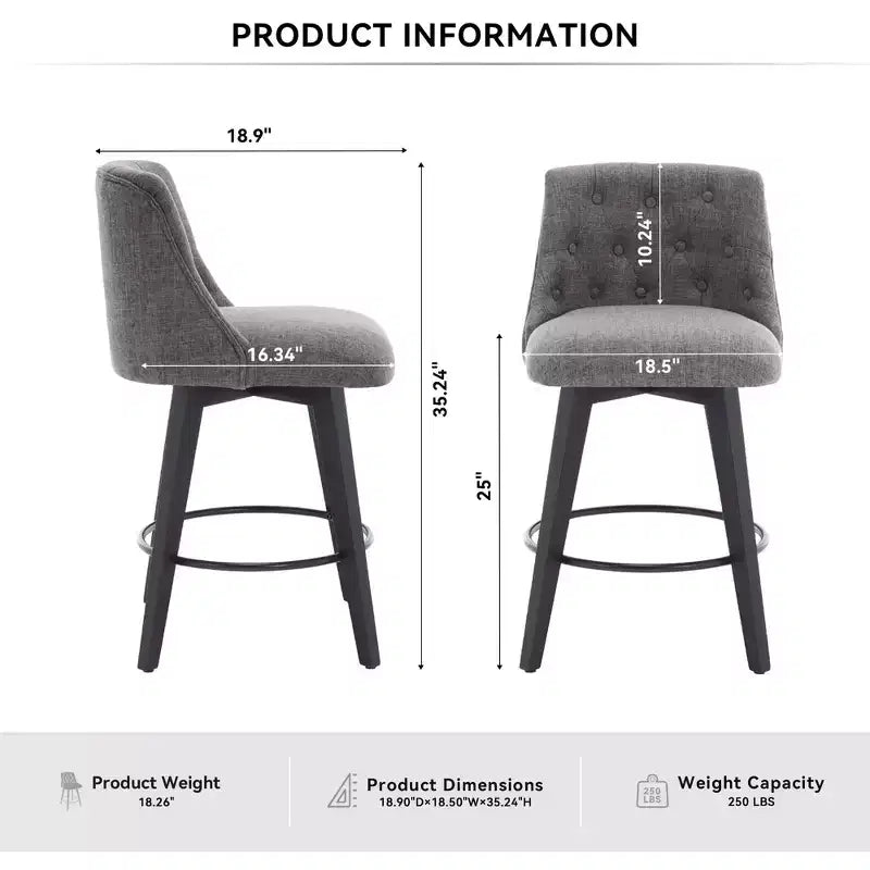 Taburetes de bar giratorios 360° grises (juego de 2) - Taburetes de altura de encimera con estructura de madera maciza para barra de casa